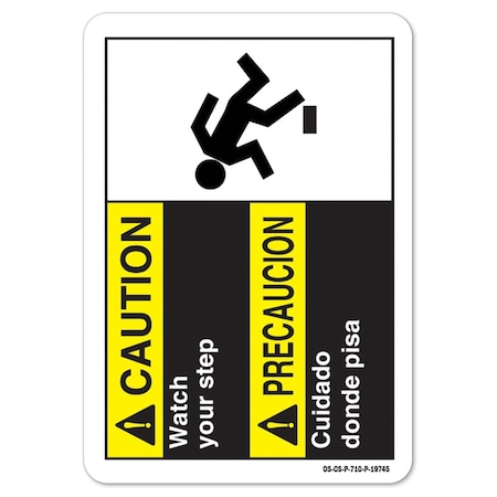 ANSI Caution Sign, Caution Watch Your Step Bilingual, 24in X 18in Aluminum